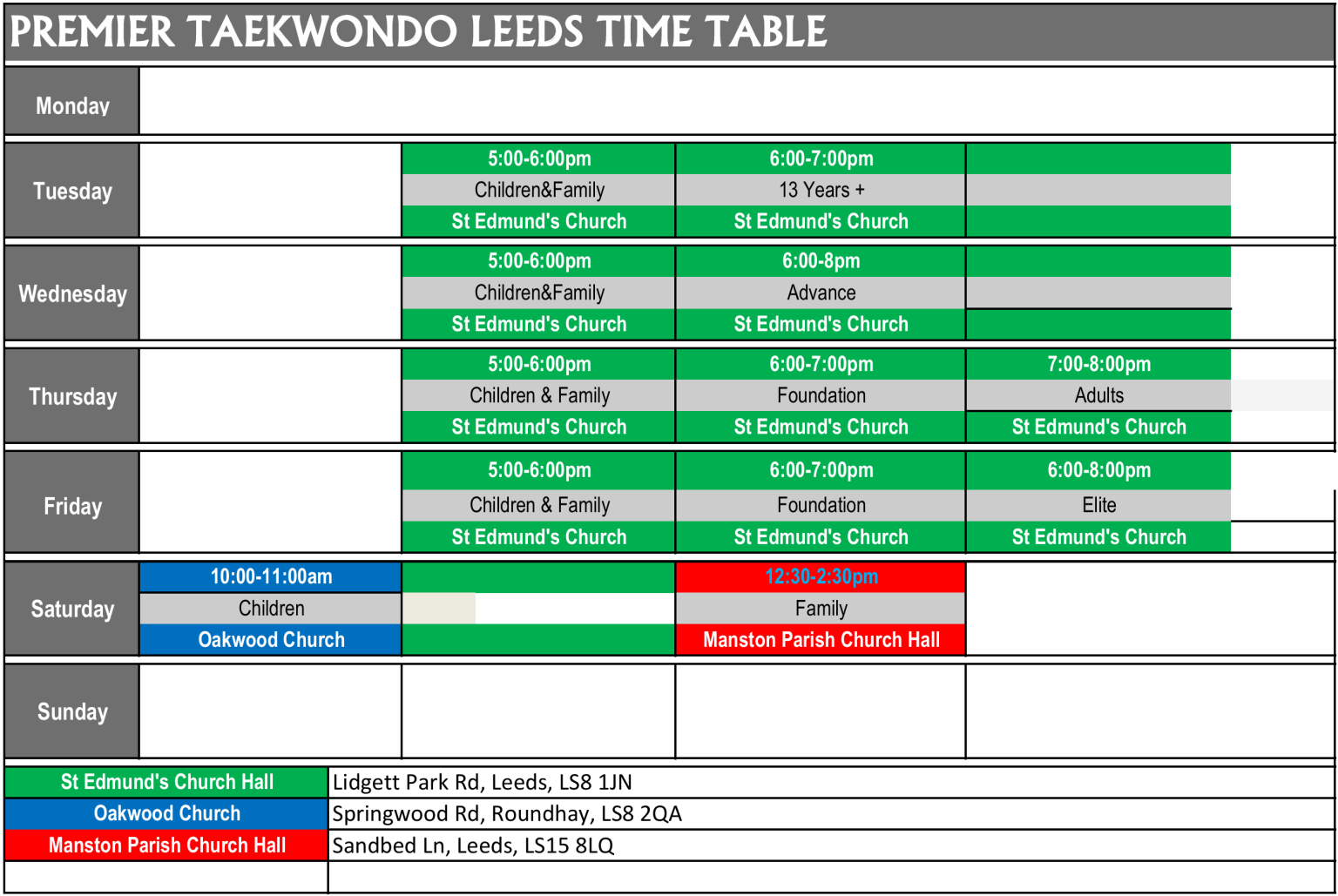 Premier Taekwondo Leeds (PTL) Taekwondo class timetable for kids, teenagers and adults